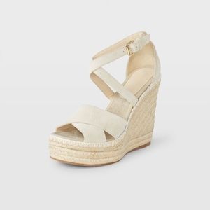 Club Monaco Fleuris Suede Wedge in Chalk / Nude